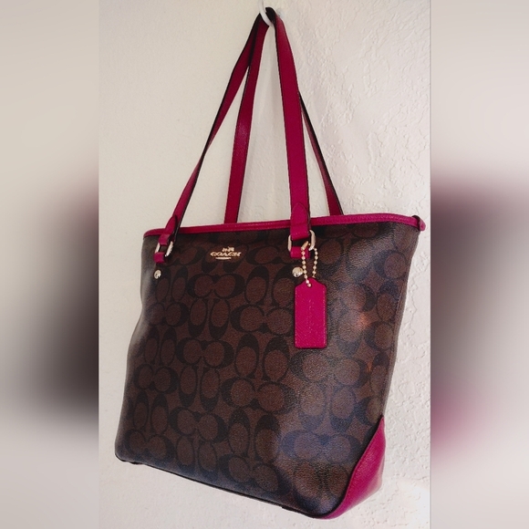 Coach Signature Zip Top Tote F34603 Purple Pink - Picture 3 of 9